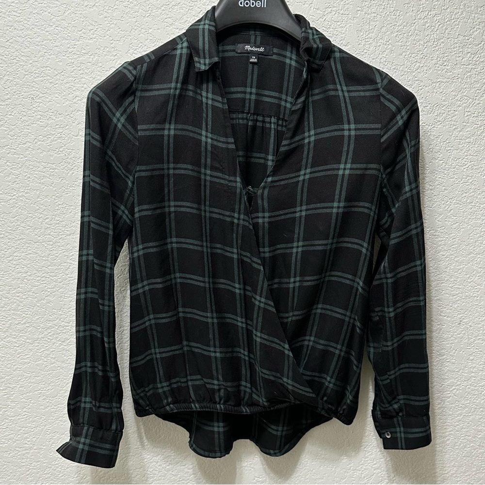 Madewell - green plaid wrap front shirt. Size XS.